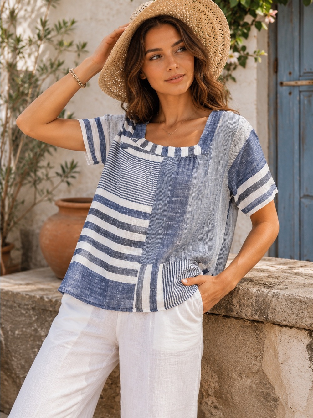 J. Jill Blue White Patchwork Stripe Cotton Square Neck Top Blouse Medium
